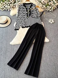 Korean Fashion Knitting 3PC Suits V-Neck Buttons Cardigan + Striped Spaghetti Strap + High Waist Wide Legs Pants Slim Sets