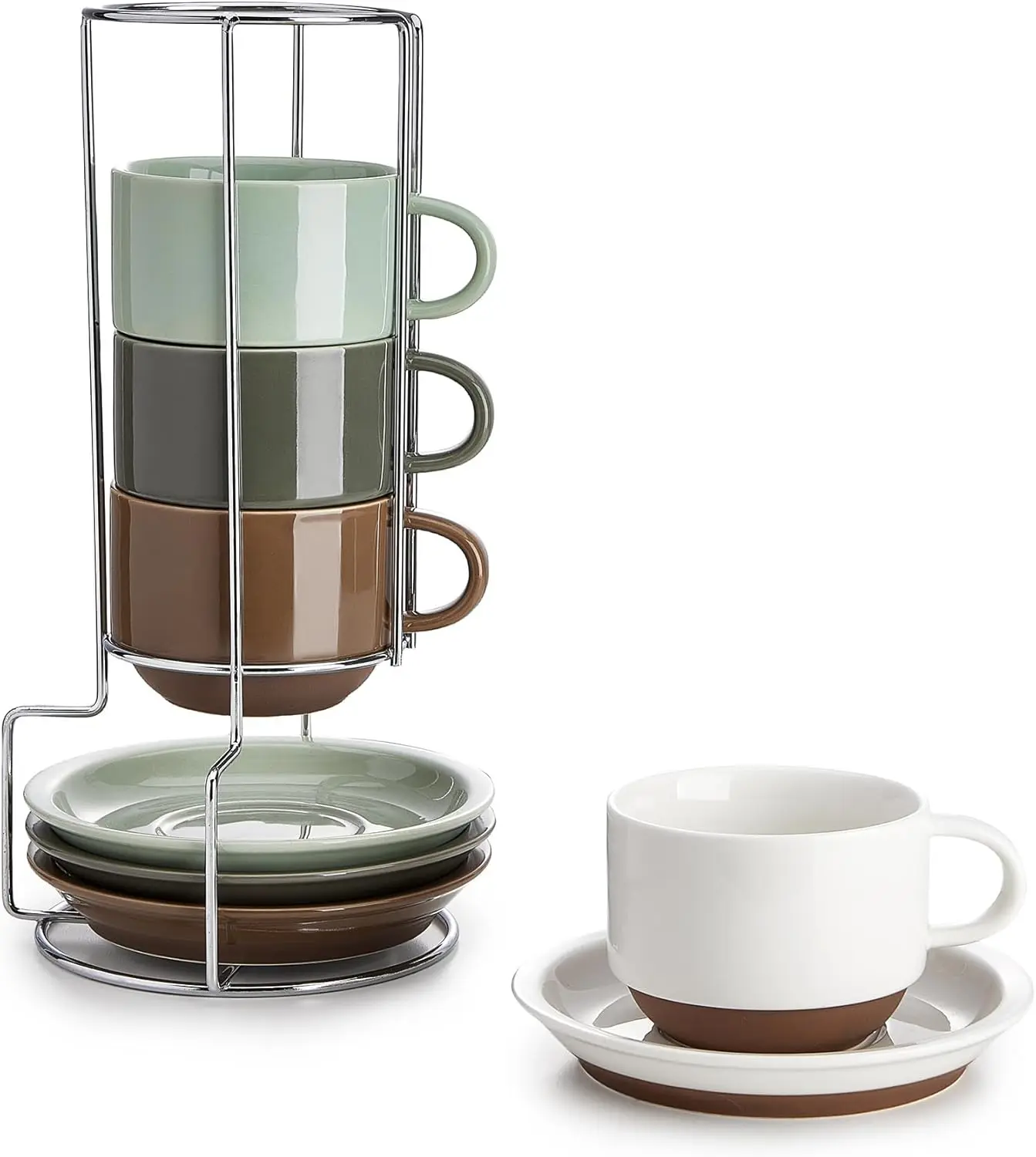 

Set of 4 Porcelain Stackable Coffee Cups with Saucers and Metal Stand, Multicolor