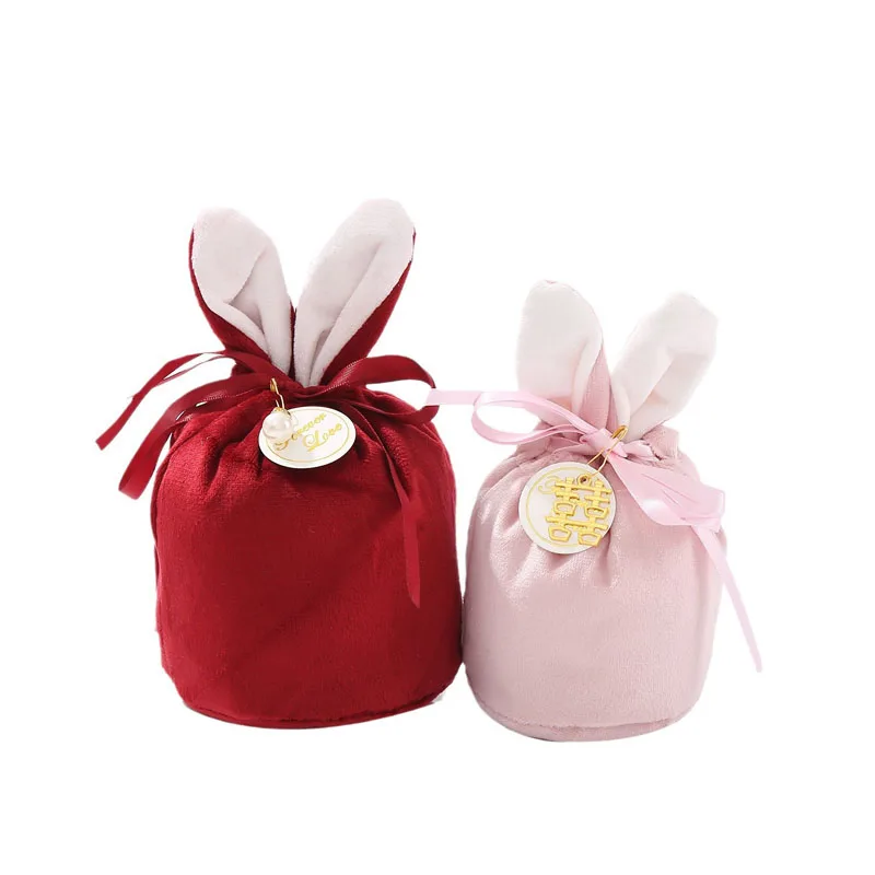 10Pcs/lot Good Quality Wedding Gift Packaging Bags Round Bottom Cosmetic Velvet Pouch With Rabbit Ears Drawstring Bag