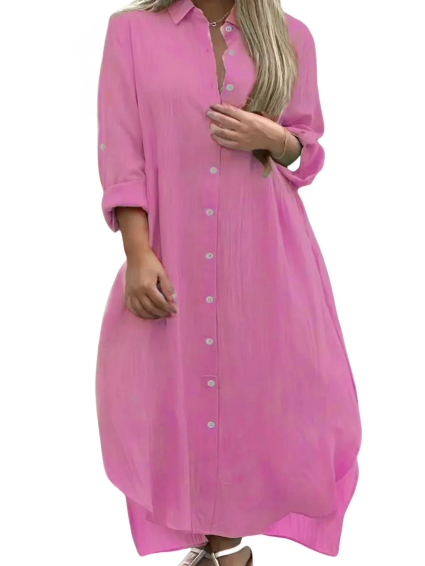 Ladies Plus-size Pink Dress Long Button Cotton Comfortable Clothes Spring and Summer Travel Wear Cardigan Robe Soirée Femme Chic