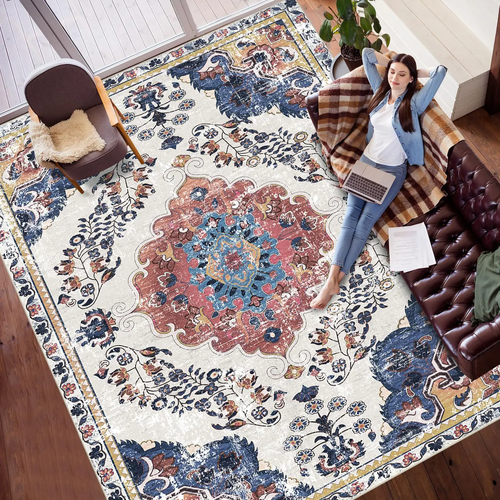 سجادة VIKAMA ذات مساحة كبيرة غير قابلة للانزلاق، سجادة أرضية ذات حلقة هادئة، سجادة غرفة المعيشة، سجادة دفئة سهلة التنظيف لديكور المنزل