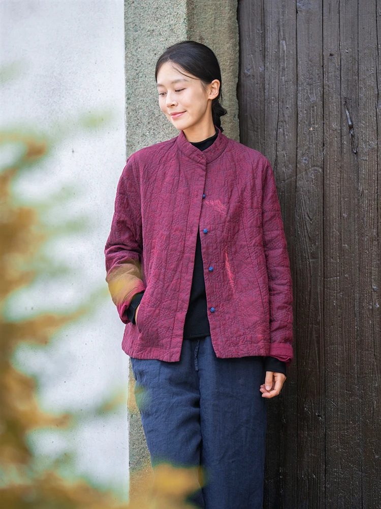 

Tingzhi Light Weight Linen Cotton Jaet Red Wine Color Tead ort Sle Stand Collar Quilted Retro Artistic Coat for Women