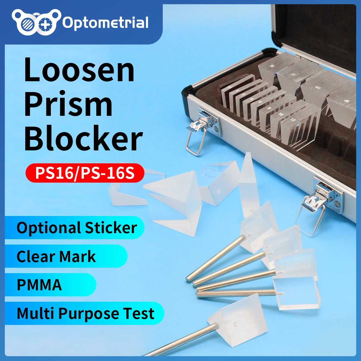 Optometry Prism Blockers Set 16 Deltas | Aluminium Carrying Case | Optional Holding Bar | PMMA Material | PS16