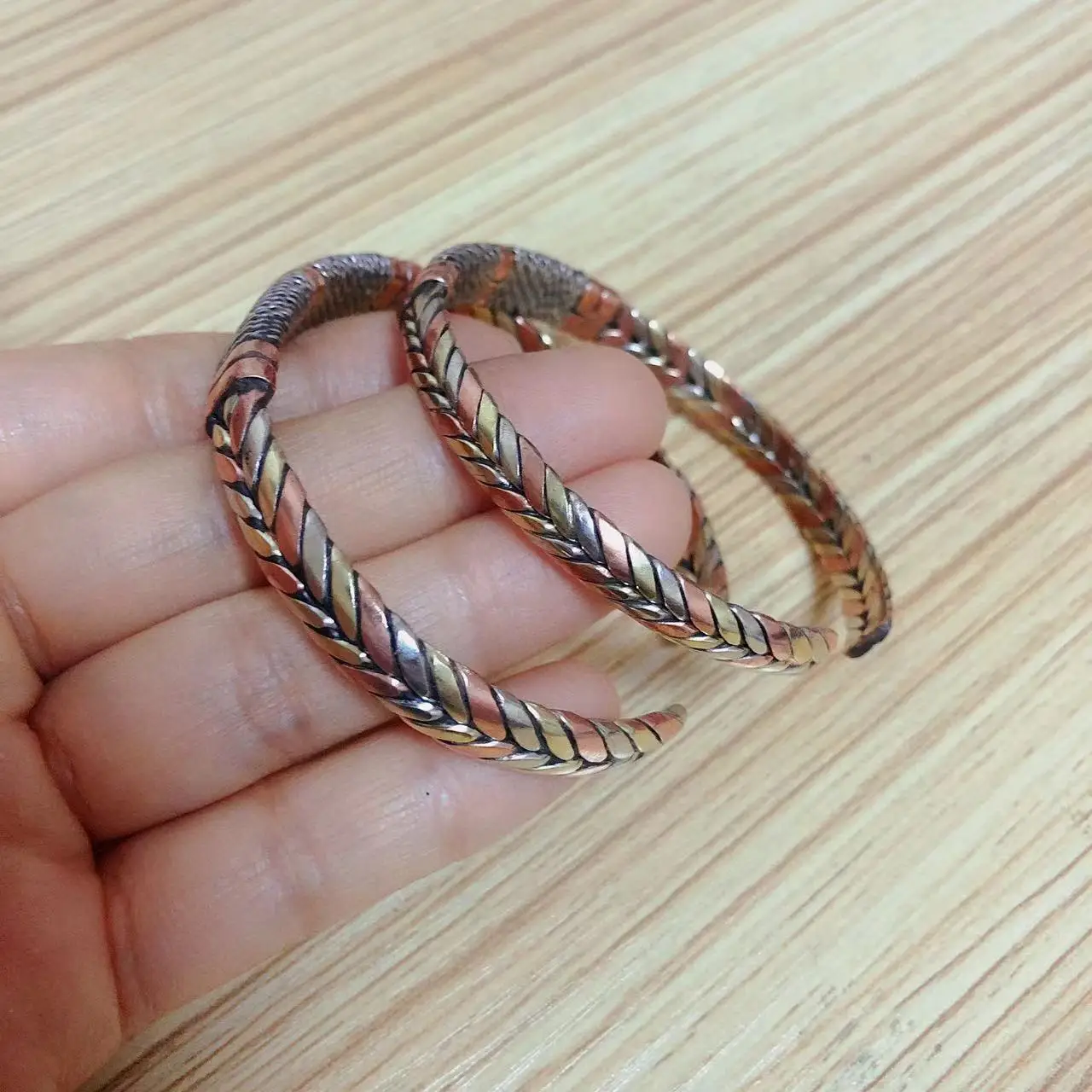 BR499  Vintage Tibetan 3 Color Copper Metal Hand Braided Open Back Adjustable Cuff Bracelet