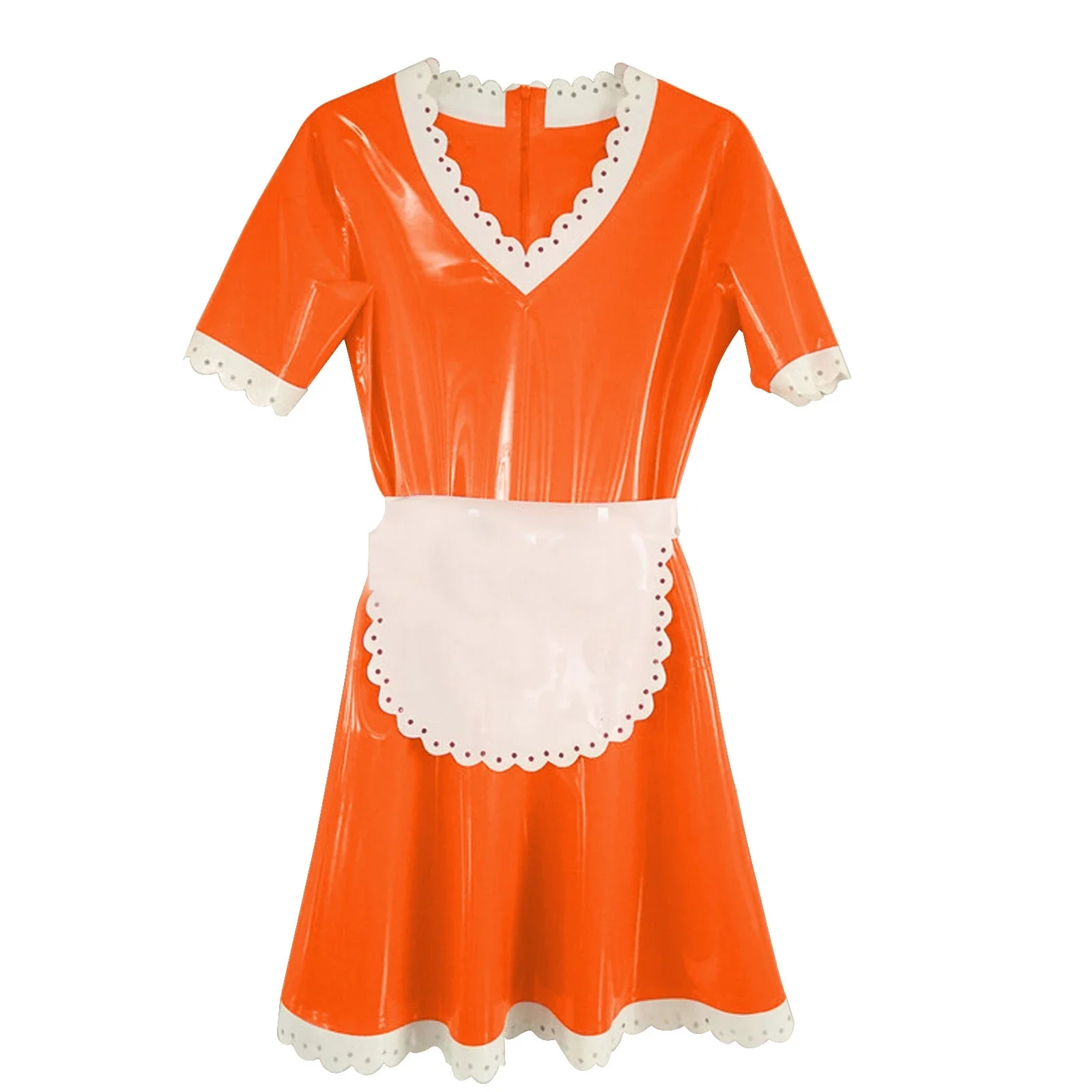 100% Latex Rubber Dress Women Fashion Hip  Apron Orange&white Cosplay