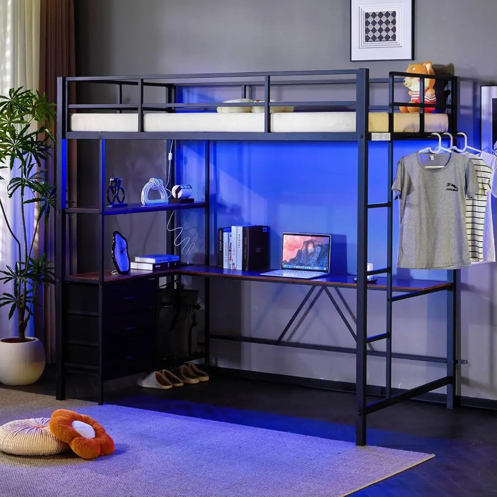 

L-Shaped Twin Loft Bed with Desk, LED Lights, Storage, Charging Station, Safety Rail, Black
