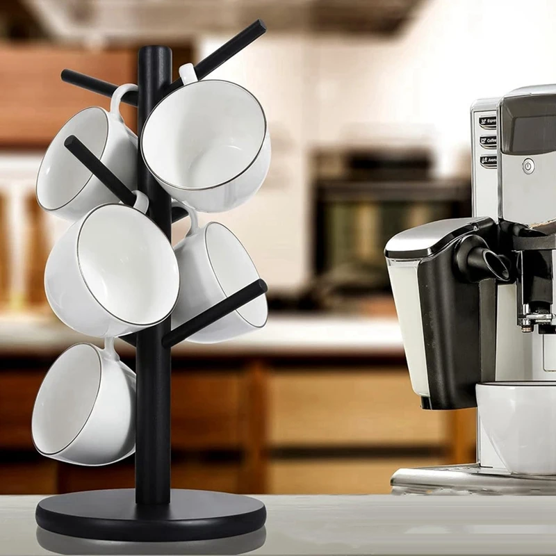 ABNO-bambusowy uchwyt na filiżankę kawy z 6 haczykami, pogrubiona podstawa, czarne drzewo kubków, stojak do przechowywania na ladę