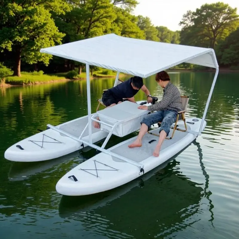 Double catamaran inflatable boat Thickened PVC shading leisure boat, electric propulsion water sightseeing boat
