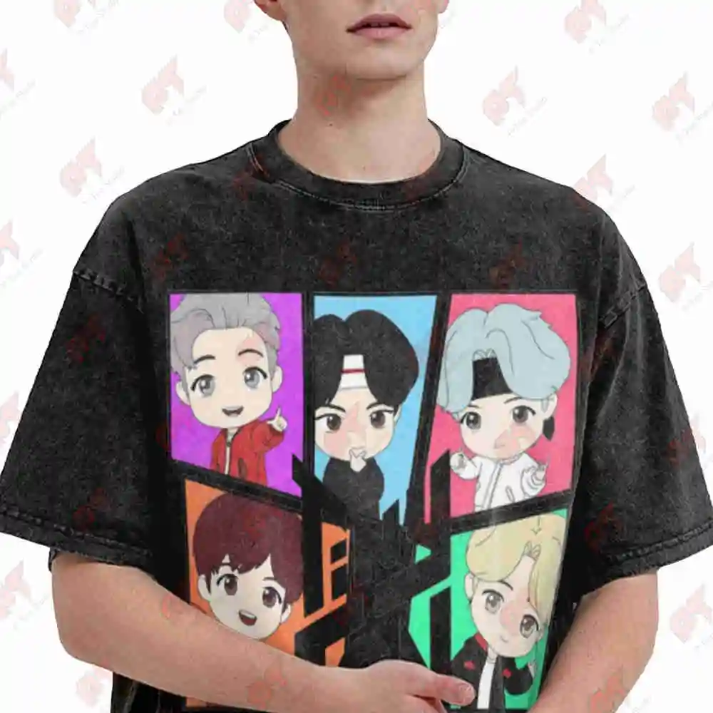 Tiny Tan Cartoon Korean Boy Band Vintage Washed Tee Pure Cotton T-Shirt