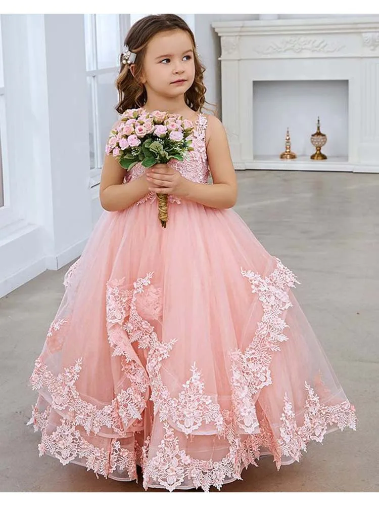 Abito da ragazza di fiore con applicazioni in pizzo rosa 2024 per matrimonio Abito da spettacolo per abiti da ballo principessa per feste di compleanno per bambini in tulle gonfio