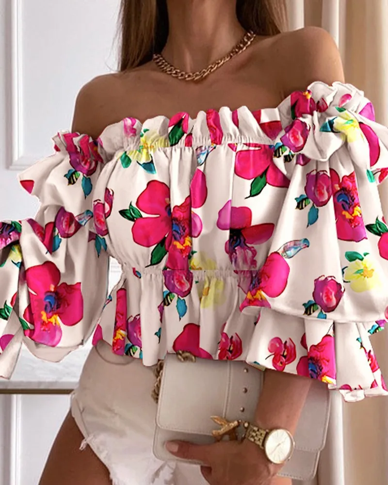 Women Autumn Polka Dot Print Off Shoulder Top Elegant Femme Puff Sleeve Corset Blouse Lady Tunics Sexy Fashionable Shirt Spring