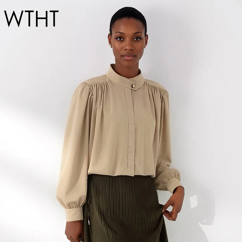 

WTHT New 2026 Summer Fashion Women Wrinkled Design Stand Collar Loose Trench Coat Trendy Puff Long Sleeves Jacket Female 1LS3052