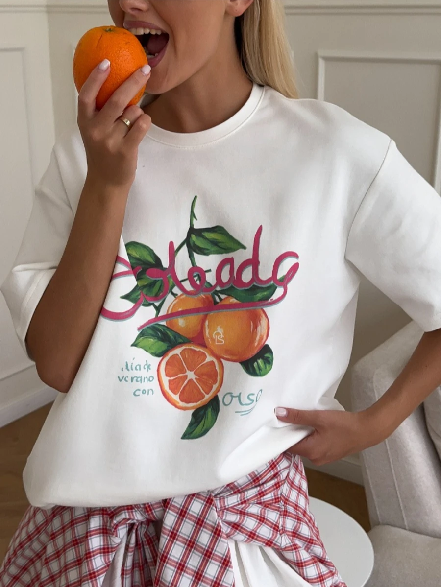 

Sunuyoo 2026 Summer New 100% Cotton Women's Printed T-Shirt Fashionable O-Neck Loose Short Sleeved Female Casual Top Tees