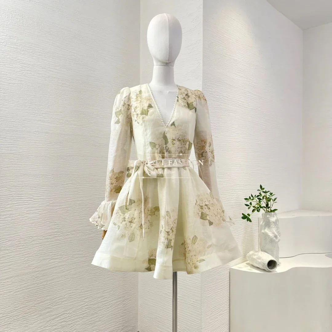 

High Quality 2025 New Beige V Neck Floral Print Long Flared Sleeve V Neck Mini Dress