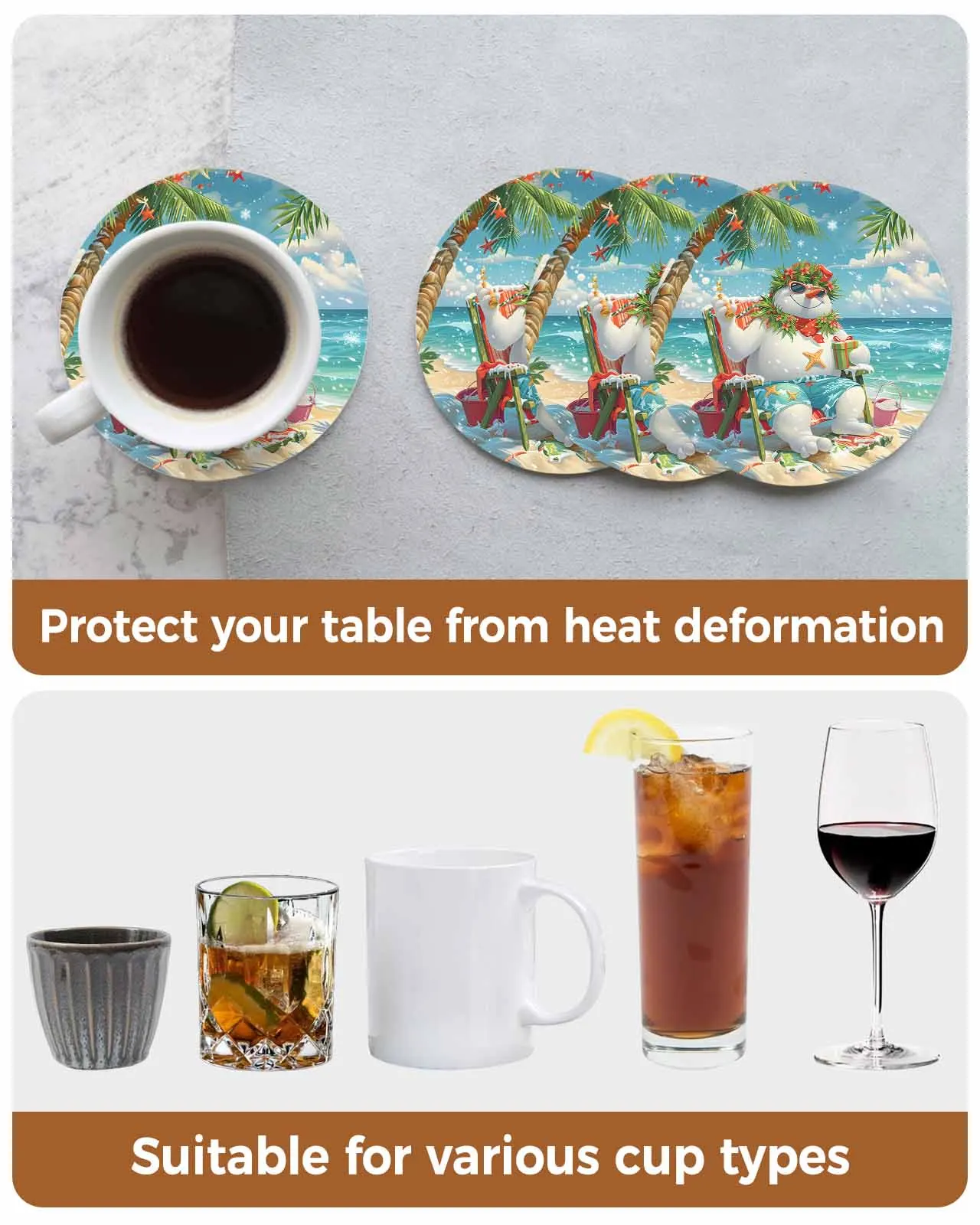 Christmas Snowman Hawaii Vacation Gift Round Coaster Coffee Table Mats Kitchen Accessories Absorbent Ceramic Coasters