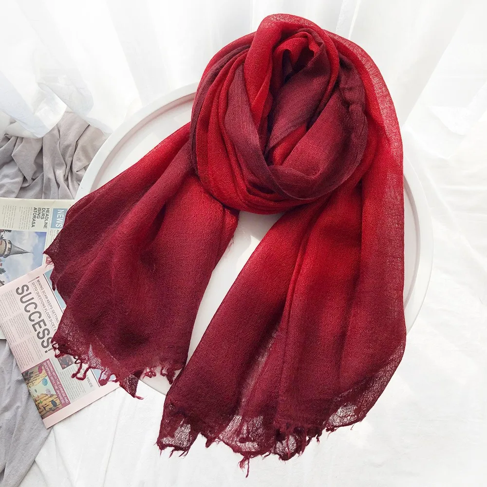 

Hijab Thin Red Wool Scarf for Muslim Women Gradual Color Hanging Dye Robe Islam Accessories Summer Fashion 190*90cm