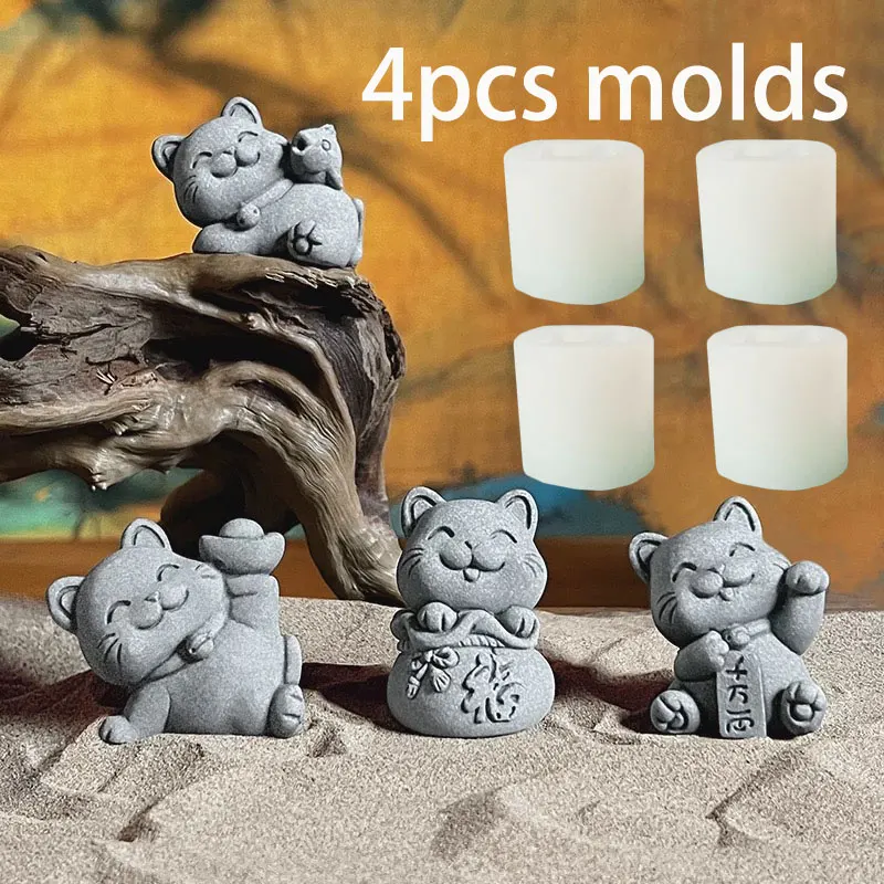 4pcs DIY Wealth Cat Silicone Mold Desktop 3D Lucky Cat Gypsum Cement Crafts Mold Tea Pet Animal Plaster Mould