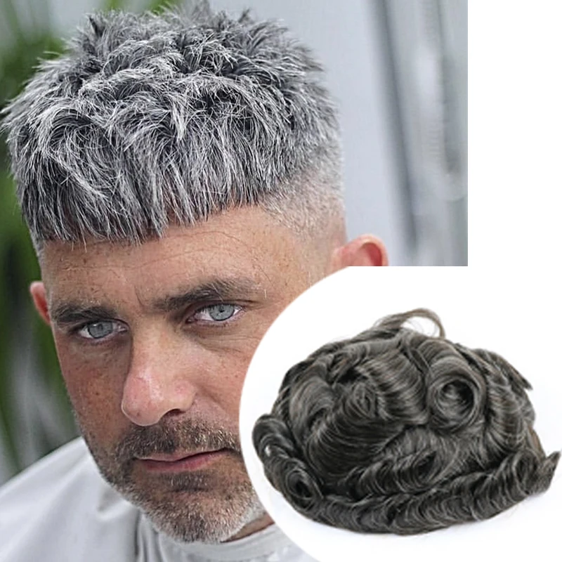 Durable Strongest NPU Bond Mono Lace Top Gray Men Toupee Human Hair Wigs Prosthesis Breathable Natural Hairline Capillary System