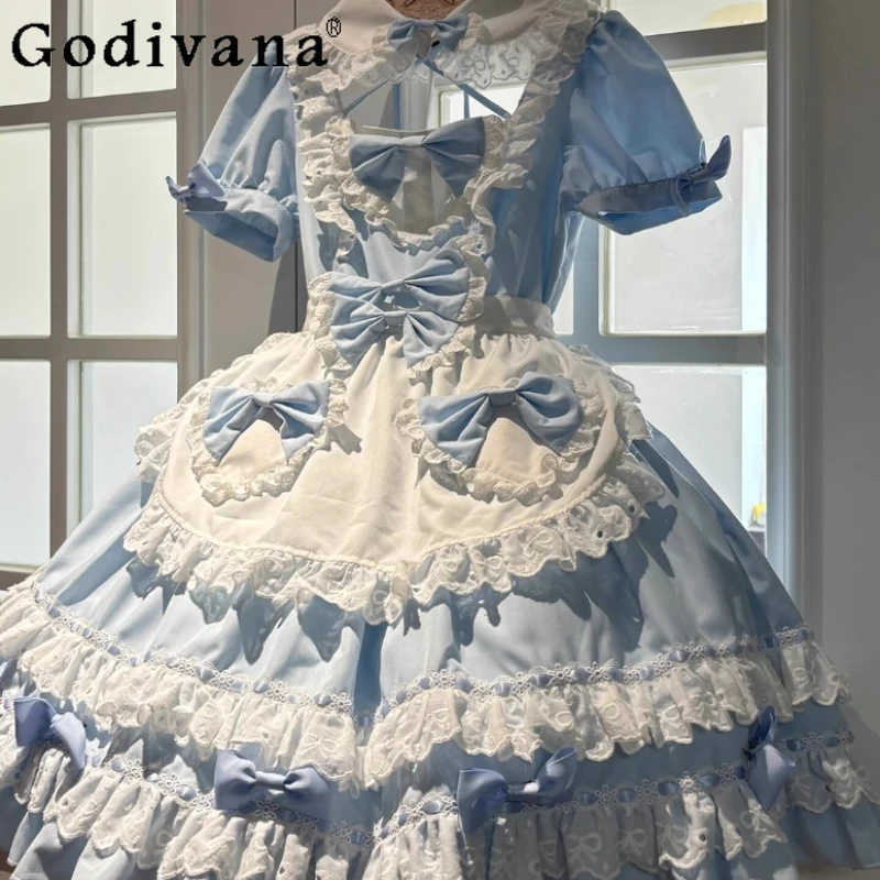 파란색과 흰색 일본 메이드 복장 소녀 로리타 2D 게임 애니메이션 코스프레 드레스 여성 로리타 푹신한 공주 드레스