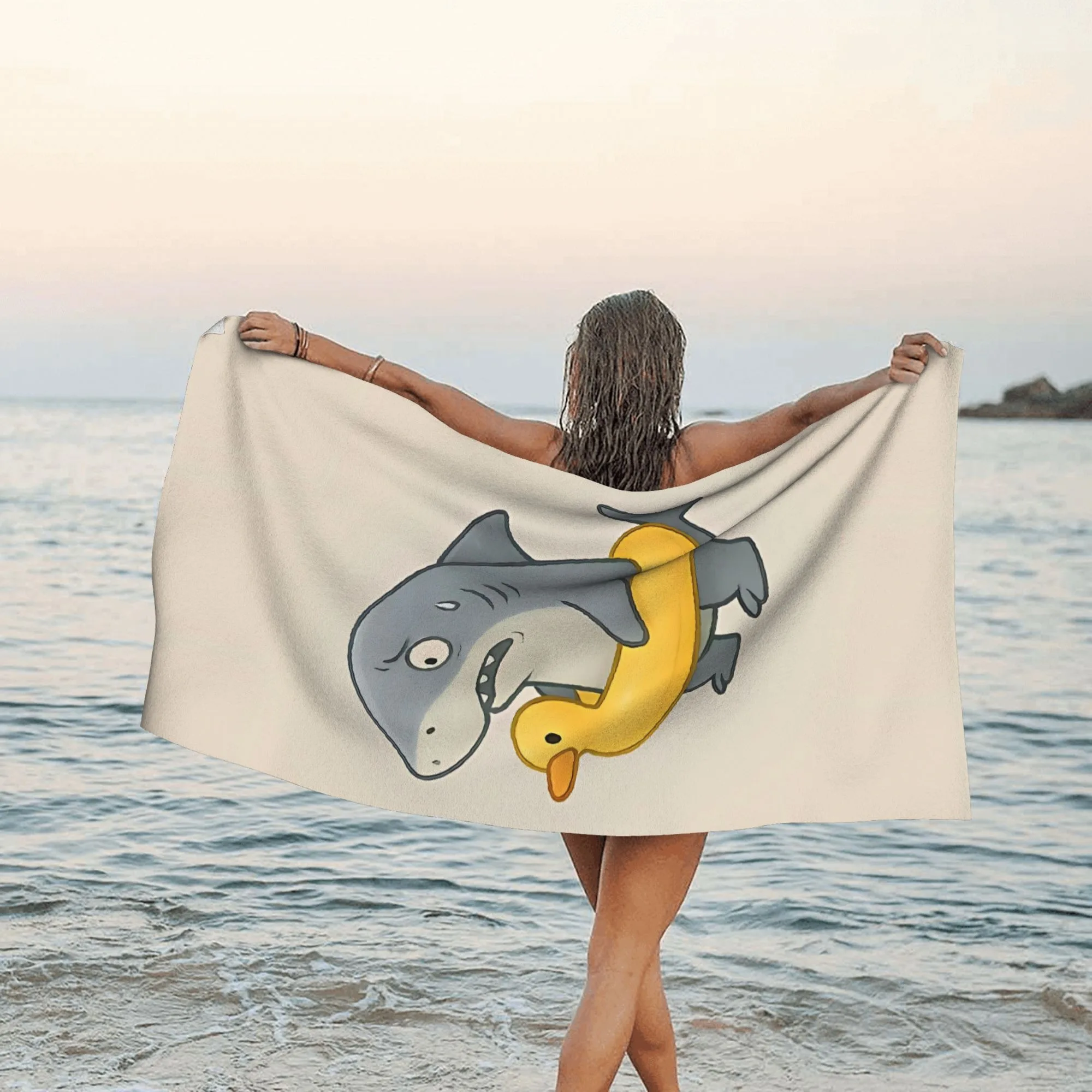 1 Cute Shark Duck Float Beach Towel 2D Single Print Soft Absorbent Quick Dry Sand Durable Beach Pool Vacation Travel Picnic Use