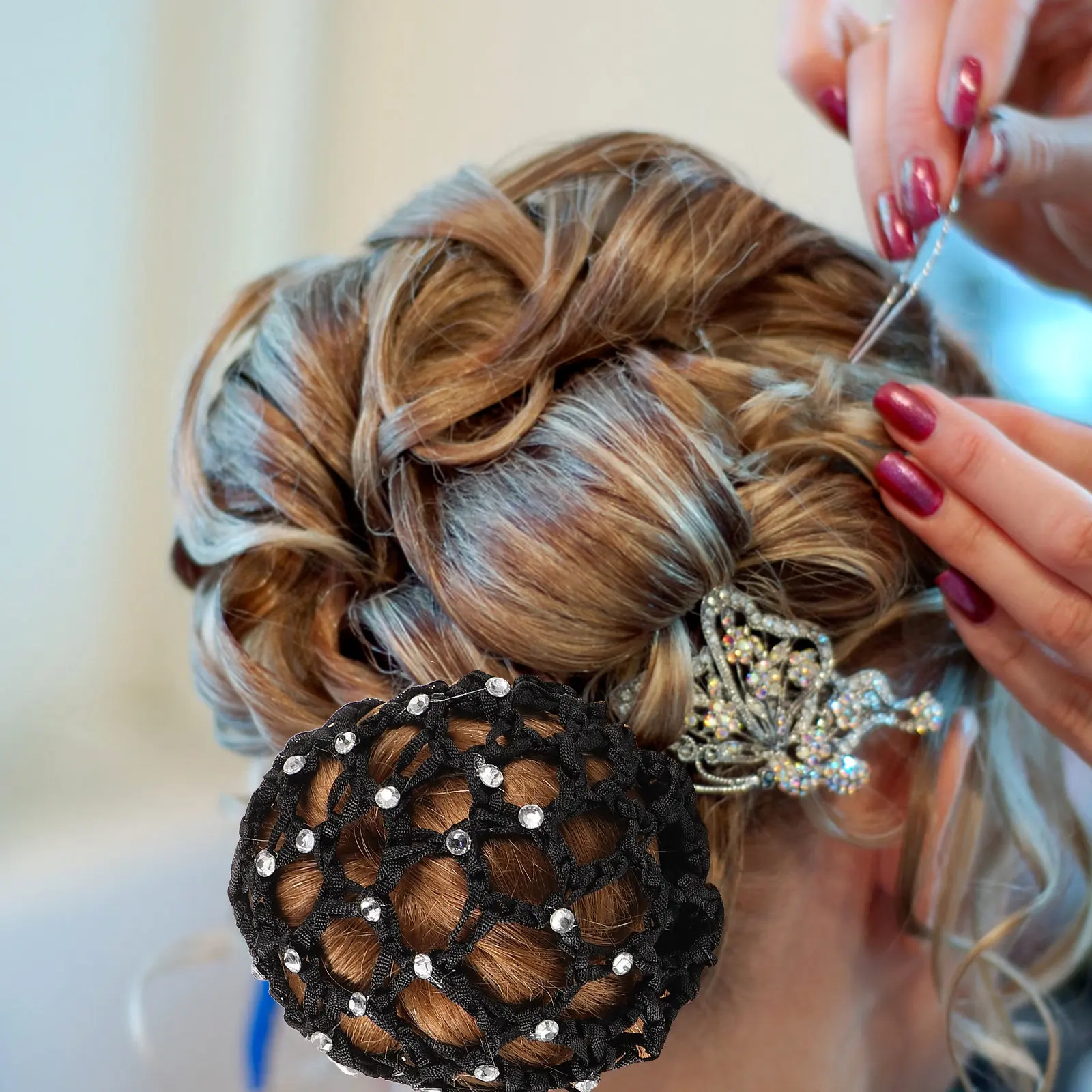 5Pcs Crystal Hair Net Women Hair Bun Cover Elegant Rhinestone Hairnet for Nurses Ballet Dancers Air Hostesses Formal Casual Use