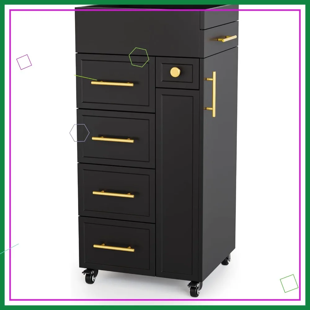 

Professional Salon Trolley Cart with 5 Drawers, Tool Holders & Adjustable Shelf - Mobile Storage Cabinet for Barber Spa Home