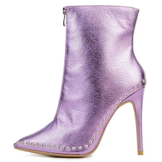 

Women Pointy Toe Purple Leather Ankle Boots Stiletto High Heel Crystal Bling Booties Zip Designer Winter Shoes Free Shipping