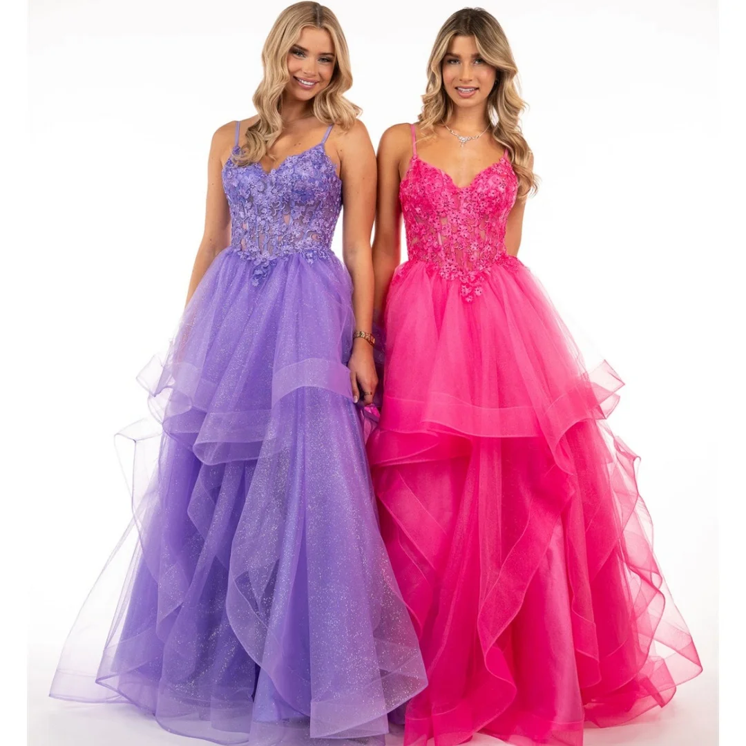 

Tulle Tiered Ruffles Spaghetti Straps Prom Dresses Glitter V-neck Corset Ruched A-line Homecoming Dress Luxury Girl's Ball Gowns