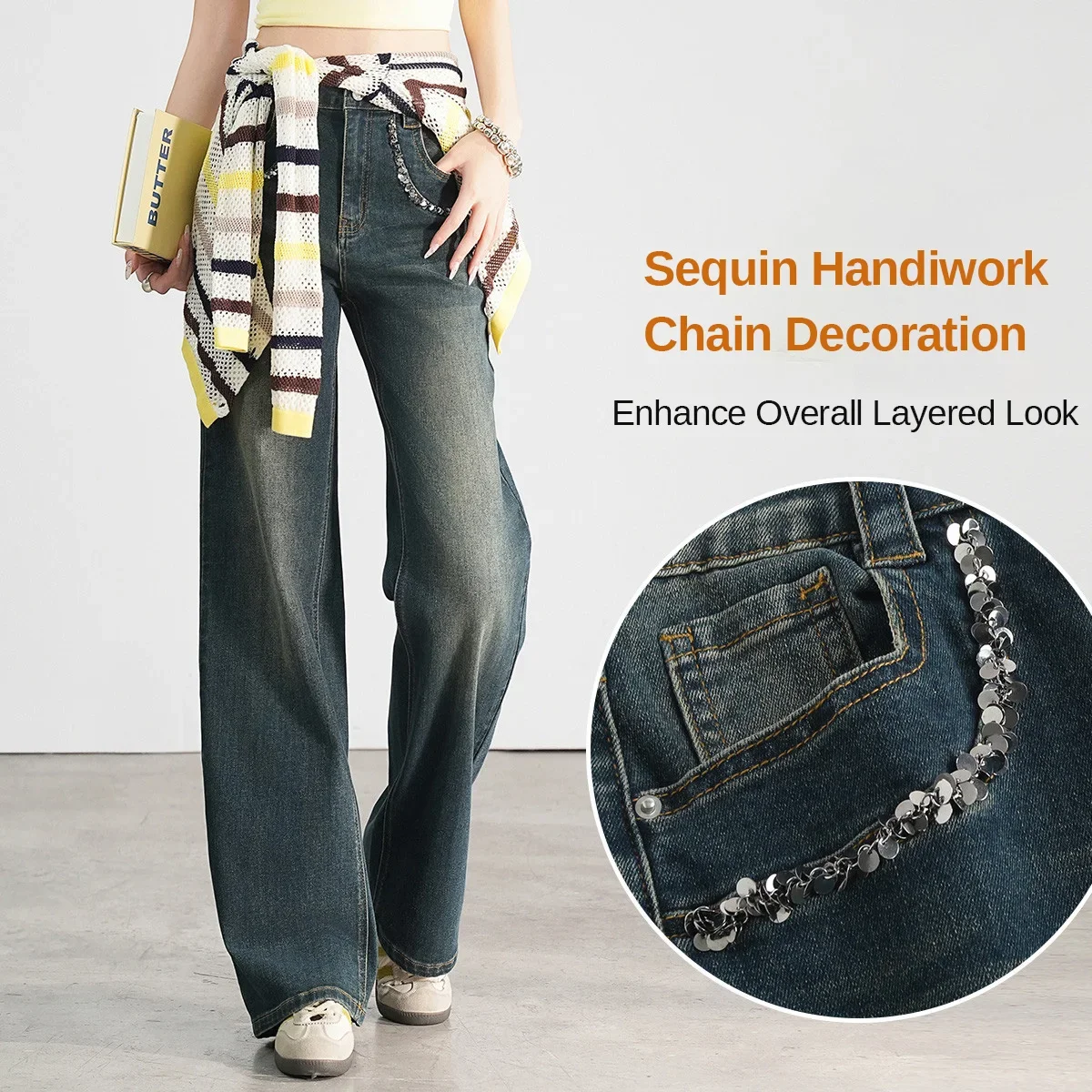 LOUIS YAO Wide Leg Denim Pants 2026 Spring Autumn Women Slightly Elastic High Waisted Handmade Sequined Jeans