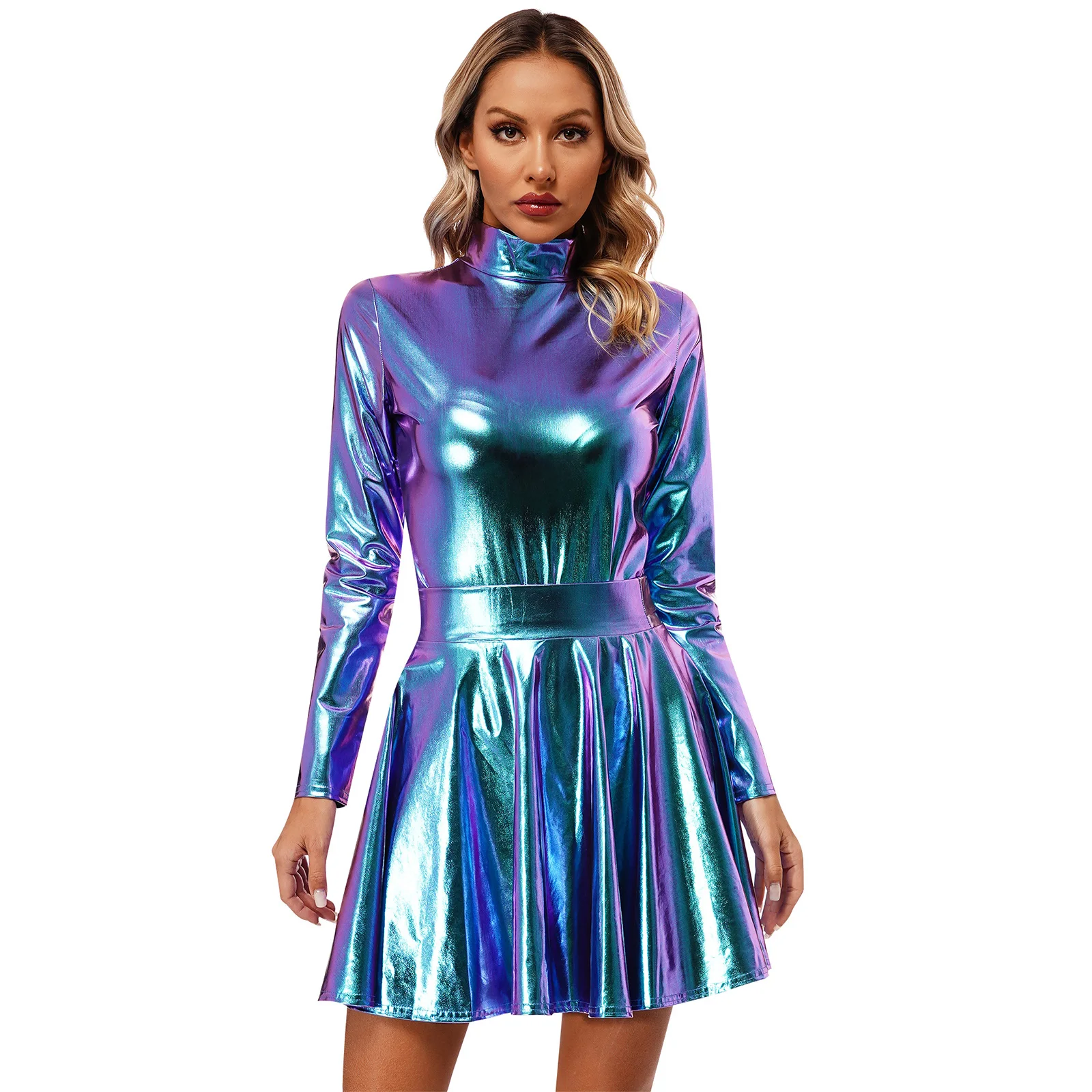 

Womens Shiny Glossy Long Sleeve Turtleneck Zipper Leotard with High Waist Flare Skirt for Rave Music Festival Stage Performance