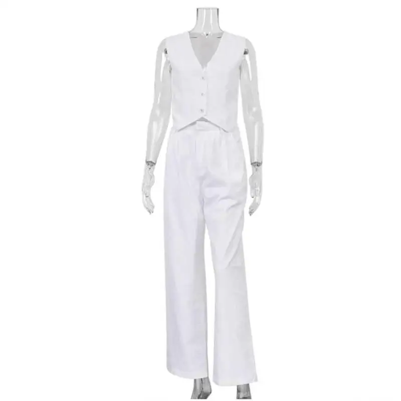 

Белый костюм-футболка с воротником-молнией и семи футов, женский хлопковый льняной жилет и брюки, повседневный комплект