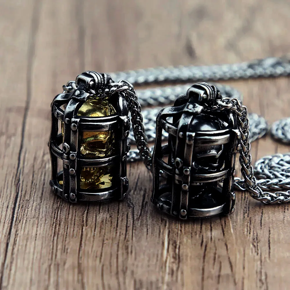 Retro Gothic Two Tone Hollow Cage Skull Pendant Necklace Stainless Steel For Men Women Trendy Biker Halloween Party Accessories