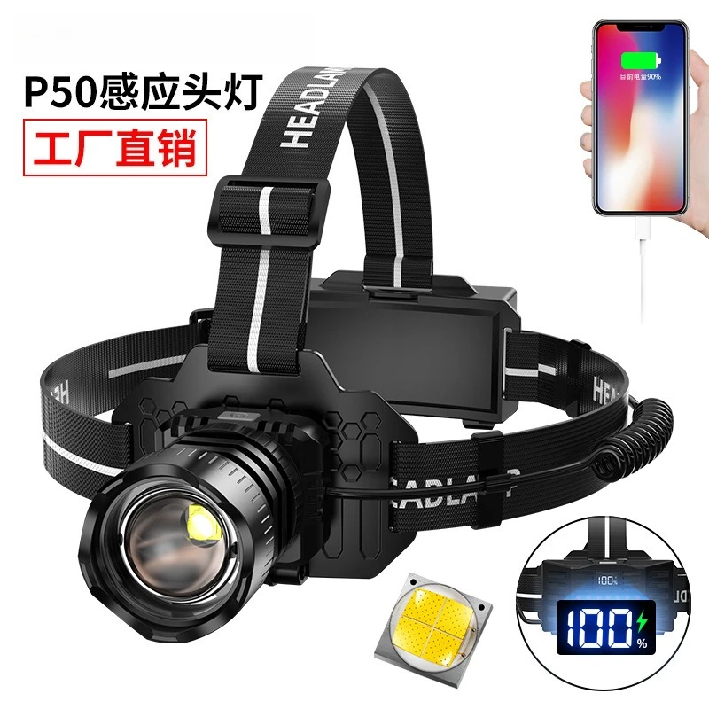 

Налобный зарядный датчик Type-c для уличной рыбалки, освещение P50, зум, светодиодная фара сильного света