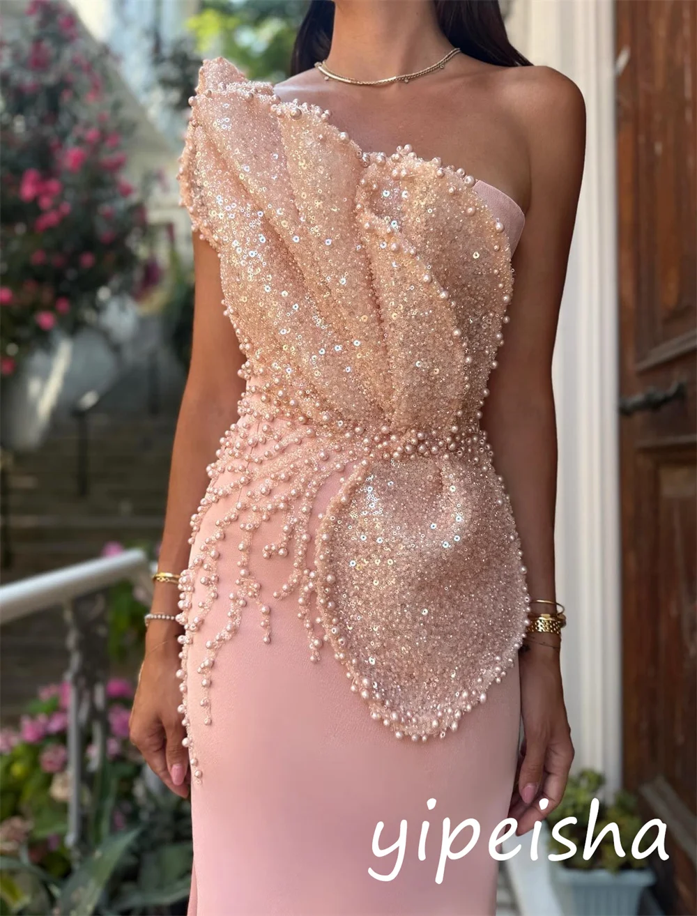 تخصيص الطراز الحديث جيرسي لؤلؤة البوق واحد الكتف فساتين طويلة مناسبة مخصصة مطابقة أنيقة #3