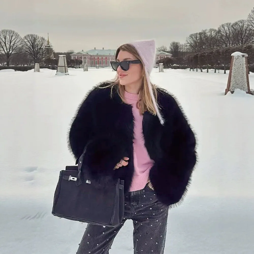 Ladies Winter Plush Faux Fur Jacket O-neck Long Sleeve Wide Cuffs Simple Style Casual Street Outer Coat Fluffy Furry Overcoat