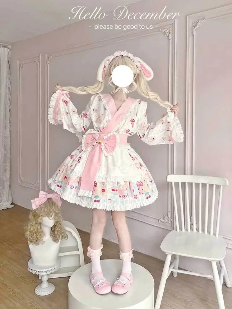 MAGOGO Japanese Lolita Kawaii Sweet Maid Kimono Skirt Set Soft Girl Little Bear Print Top Skirts Women Elegant Cute Maid Outfits