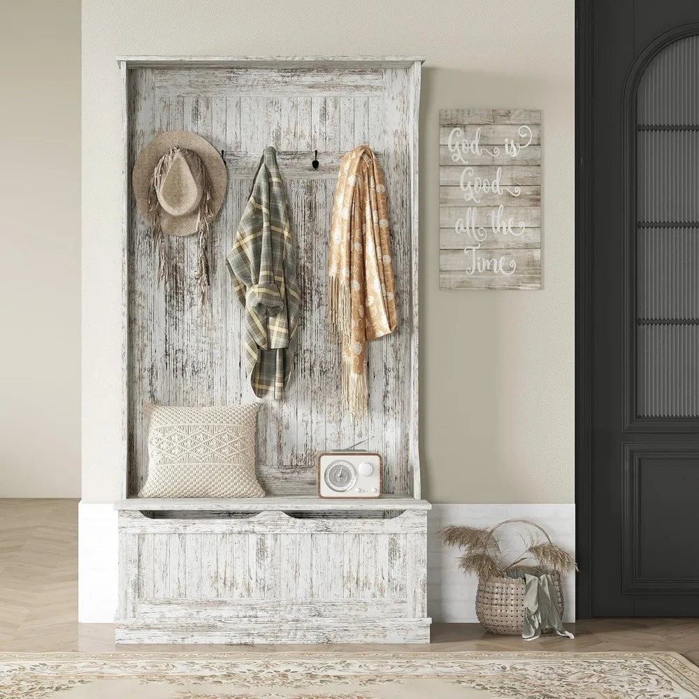 Multi-Functional Hall Tree with Shoe Storage and Coat Rack, Entryway Organizer featuring Five Hooks and Weathered White Finish