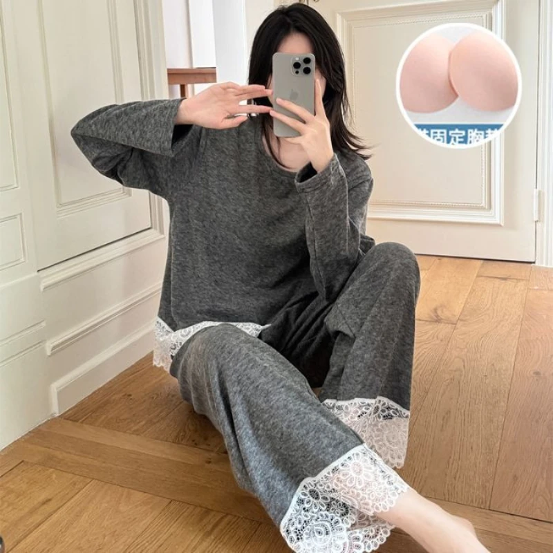 

Зимний кашемировый пижамный комплект с нагрудными подушечками, женская корейская кружевная простая домашняя одежда с длинными рукавами, студенческая домашняя одежда, комплект из двух предметов