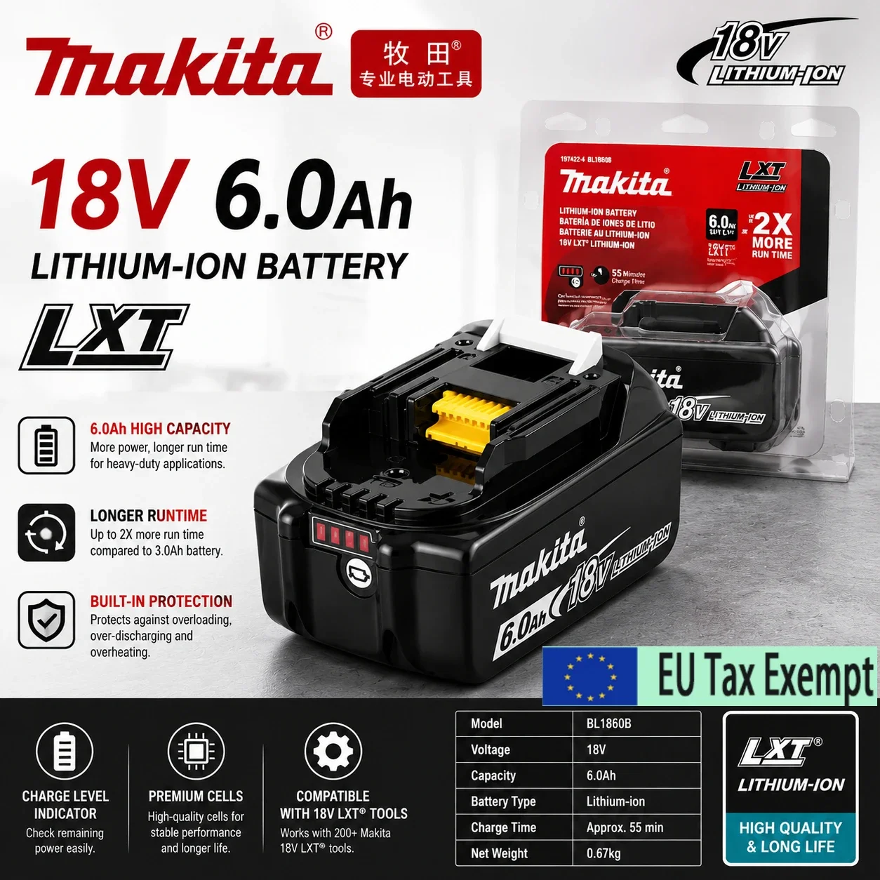 Batterie au lithium originale 6.0Ah 18V pour système Makita LXT DHR140 DAS180 DHP489 DDF487 DGA404 DTD173 Batterie universelle pour meuleuse sans fil, perceuse et clé à chocs Makita