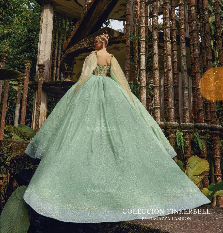 Vestido de quinceañera de princesa verde menta con capa, cristal brillante, Floral, vestidos de cumpleaños con cordones