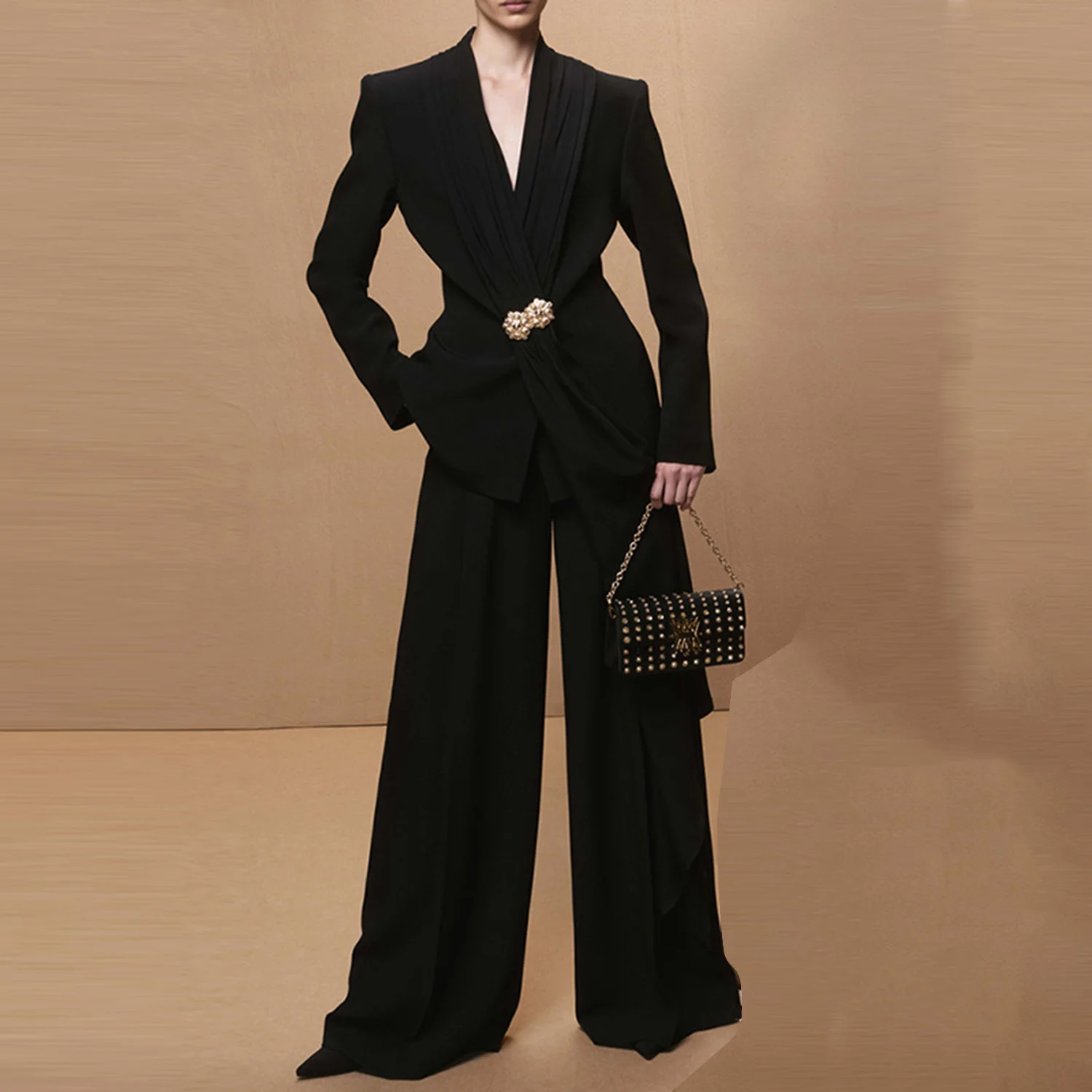 

Allingentle Women's Suit 2 Piece Set Fashion Pearl Button Blazer Pant Suit for Banquet Evening Events Customized