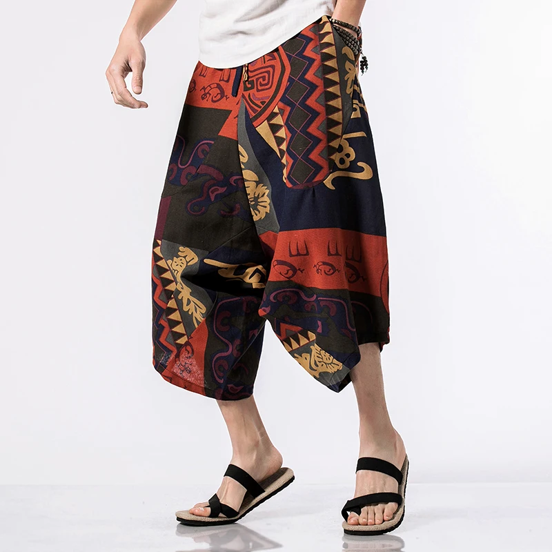 Harajuku Summer Loose Calf Length Casual Pants Men Wide Leg Cotton Linen Printing Baggy Pants Oversize Mens Trousers