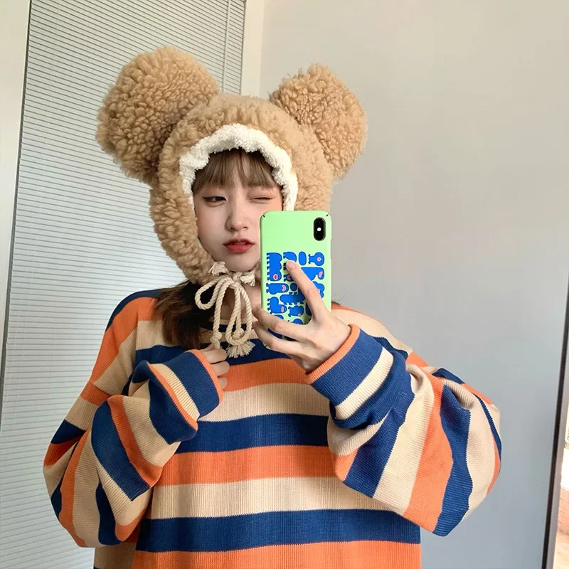 قبعة كبيرة الأذن للنساء سميكة خروف أفخم حماية الأذن قبعة لطيف الدب غطاء للأذنين قبعة الكورية فتاة تزلج الشتاء الدافئة القبعات