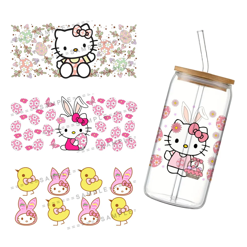 11x24cm Easter Rabbit Eggs Hello Cat San UV DTF Wraps Sticker DIY For 16oz Glass Cup Waterproof Decals Phone Case Girls Sticker