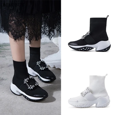 Women Sock white Ankle Boots Rhinestones Embroidery Crystal Square buckle Sneaker Shoes Knits Knitting Casual Plus Size