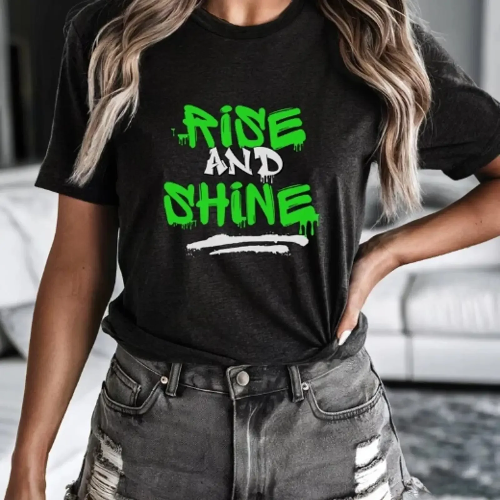 Rise and Shine T Shirt Graffiti Motivational for Hard work success vintage Washed Top For Everyday Wear Unisex fashion Casual