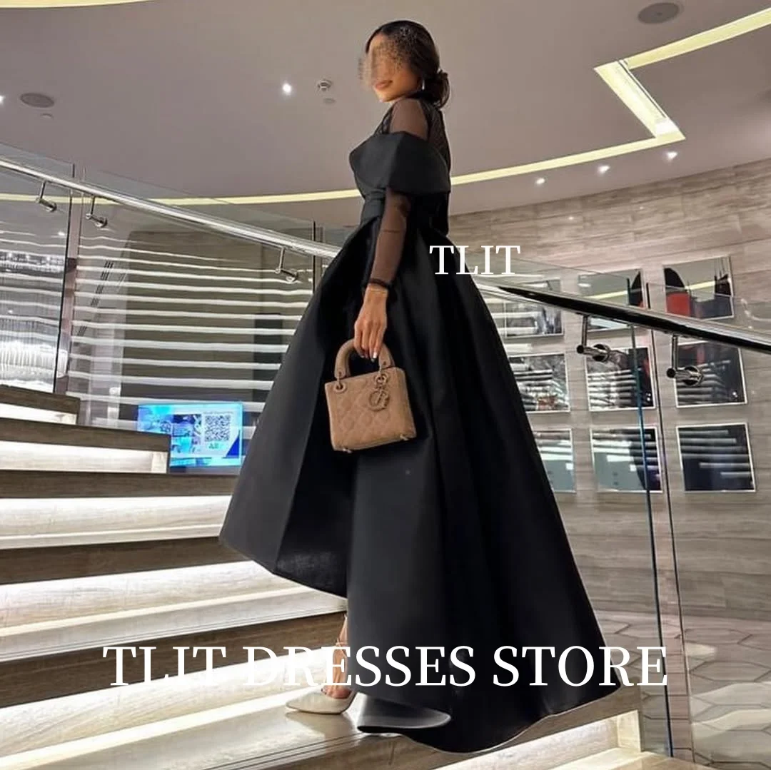 TLIT Simple Black HI-LO Evening Dress Customized فستان مثير O-Neck Regular Short Sleeves Prom Gowns Sweetheart Gown