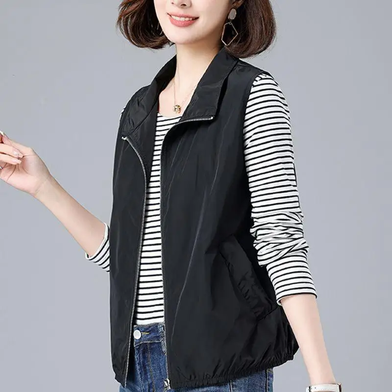 2024 Spring and Summer New Solid Color Sporty Shorts Women's Loose Lapel Cardigan Zipper Sleeveless Pockets Casual Vests Coats