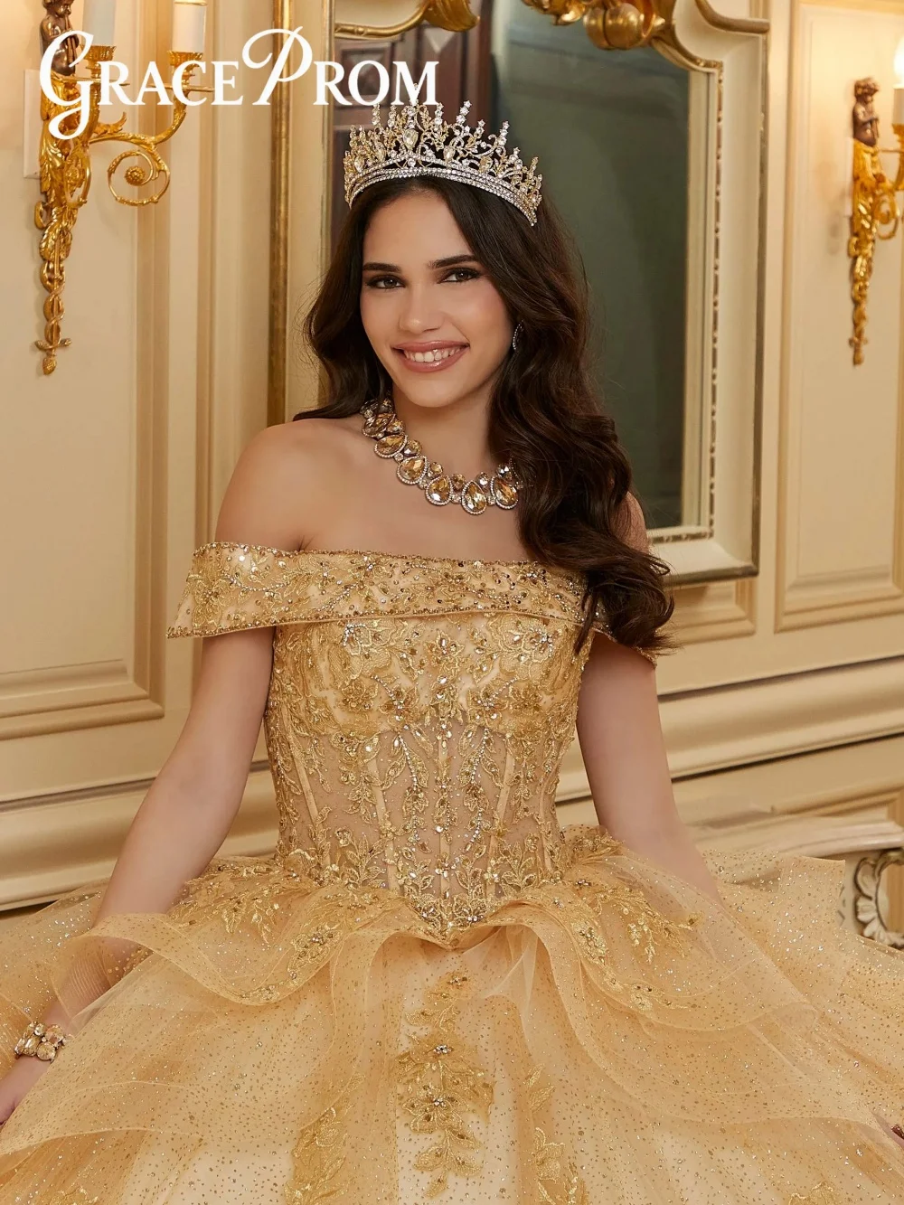 

Elegant Off Shoulder Quinceanera Dress Blush Pink Glitter Tulle Ball Gown With 3D Floral Applique And Ruffled Skirt For Sweet