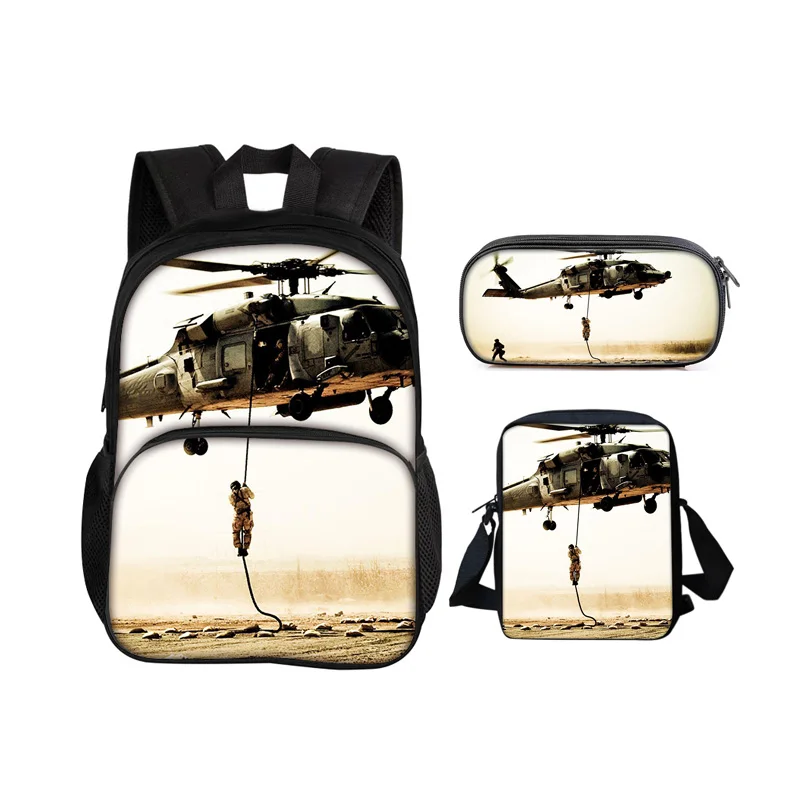Helicopter round front bag backpack pencil case shoulder bag 3Pcs Set mechanical printing best gift for boys and girls in school